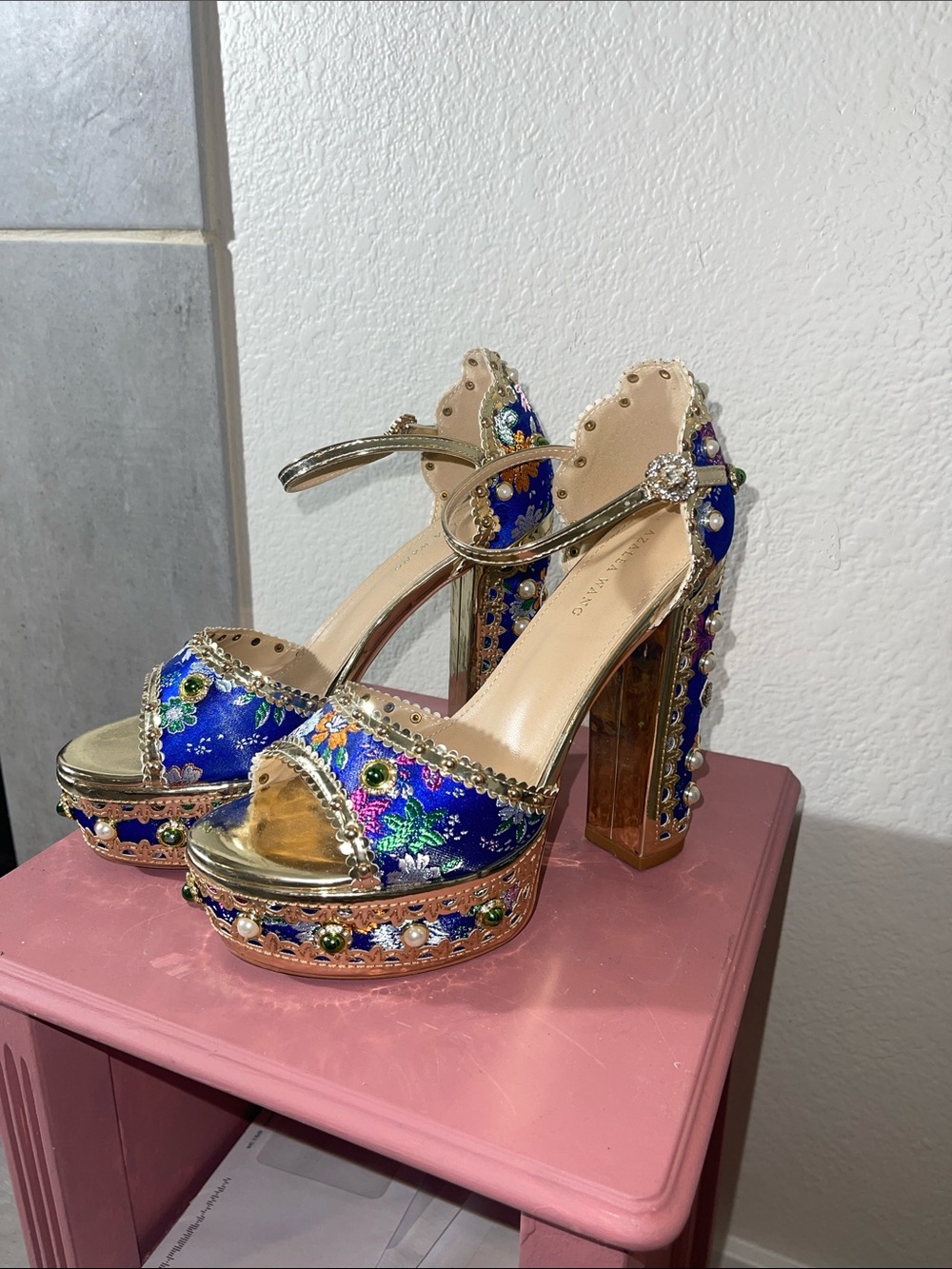 Lina Blue Floral Embroidered Gold Platform Heels